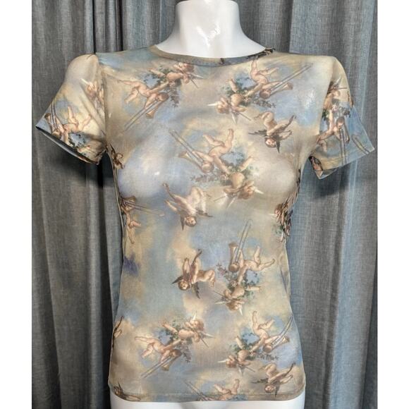 Sweet Lilac Sheer Mesh Baby Angel Cherub Print Short Sleeve Top Size S Y2K - Picture 1 of 14